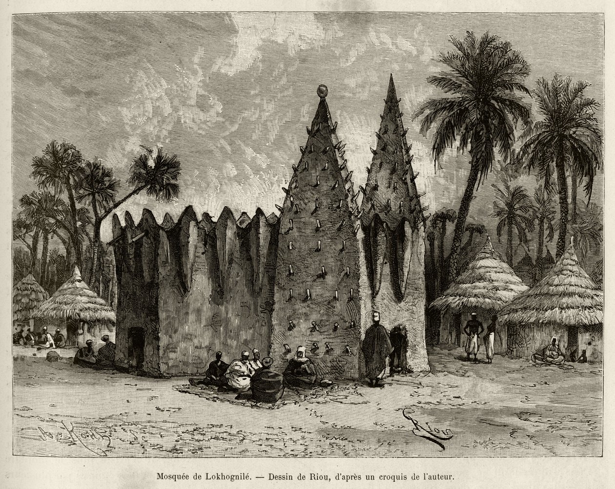La moschea di Lokhognile (Golfo di Guinea). Incisione di Riou, per illustrare la storia Dal Niger al Golfo di Guinea di Capitano Louis Gustave Binger, in Le tour du monde, nouveau journal des voyages, sotto la direzione di Edouard Charton da Edouard Riou