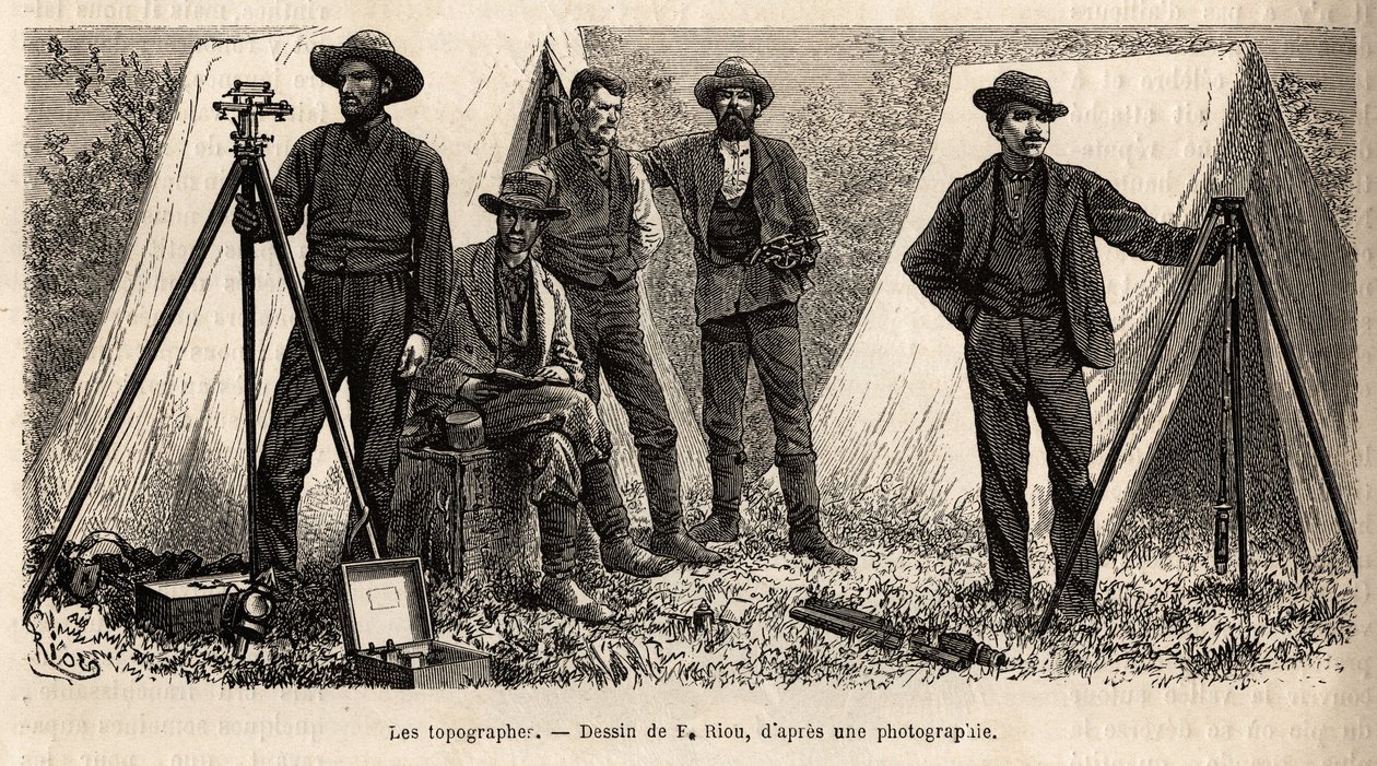 La squadra di topografi con il loro materiale, della missione geologica americana, incisione dopo il disegno di F.Riou, illustrando una serie di missioni geografiche attraverso il Parco Nazionale degli Stati Uniti, dal 1870 al 1872, di Messrs Hayden, Doane da Edouard Riou
