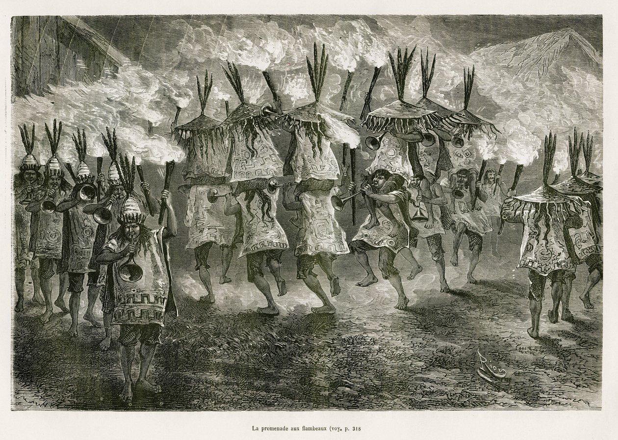 La passeggiata con le torce per le strade di San Jose, disegno di E. Riou, per illustrare il viaggio nella regione del Titicaca e nelle valli dell