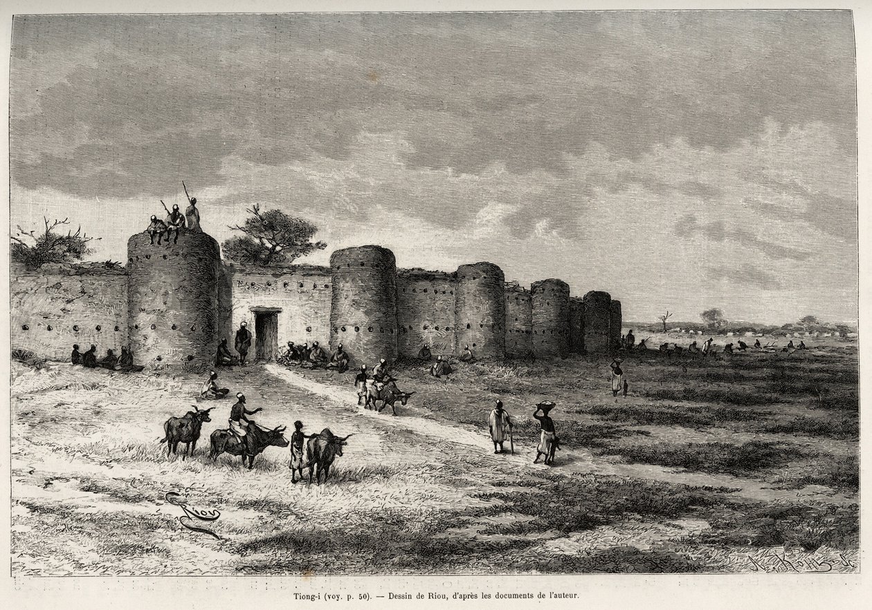 La città di Tiong-Gi, con le sue fortificazioni e torri di argilla. Incisione di Riou, per illustrare la storia Dal Niger al Golfo di Guinea di Capitano Louis Gustave Binger, in Le tour du monde, nouveau journal des voyages, sotto la direzione di Edouard C da Edouard Riou
