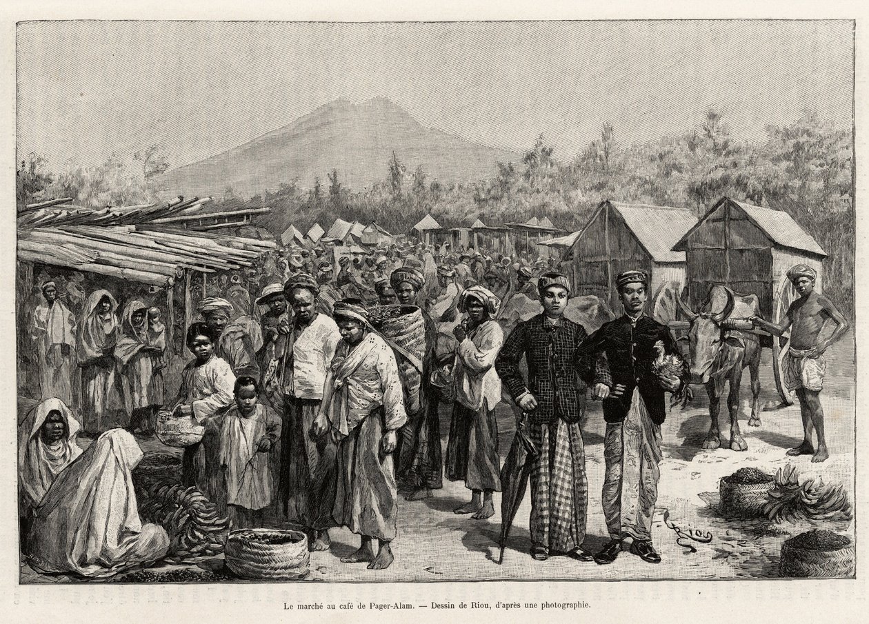 La passeggiata al Pager Alam Cafe (Malesia). Incisione di Riou per illustrare la storia 