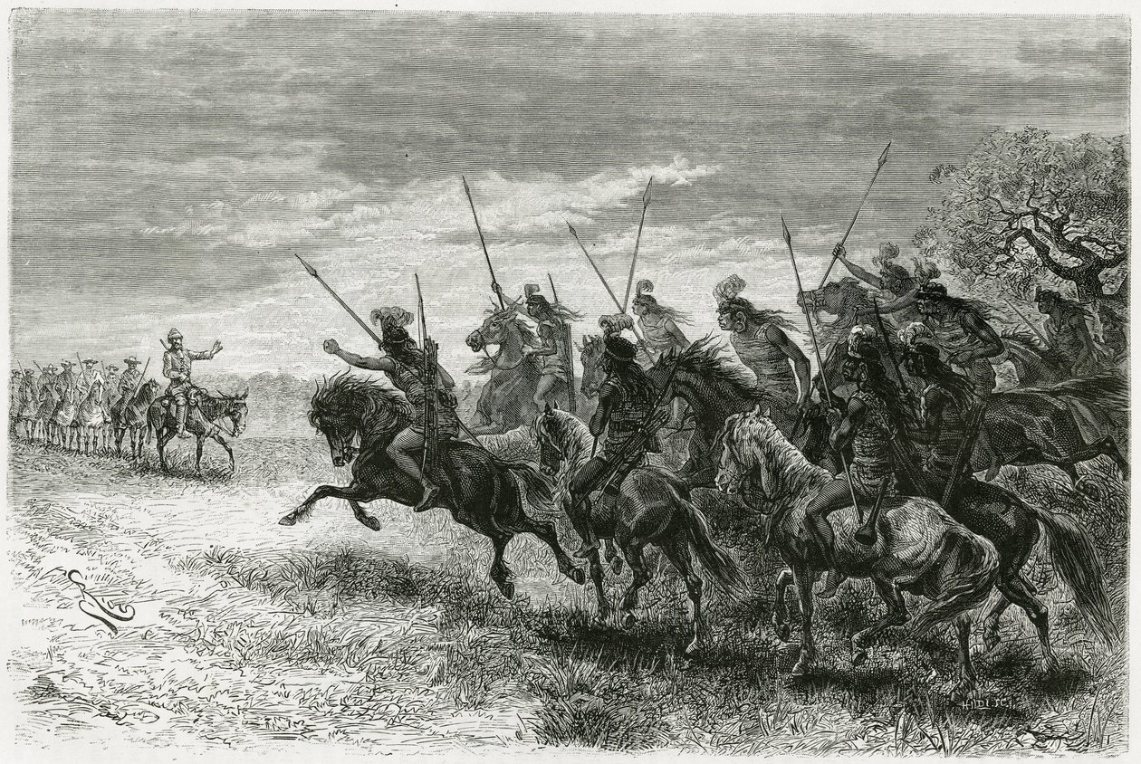 Indiani Tobas (dalla regione del Chaco, tra Paraguay e Bolivia) che rifiutano di passare alla colonna della spedizione Thouar. Incisione di Riou, per illustrare la storia 