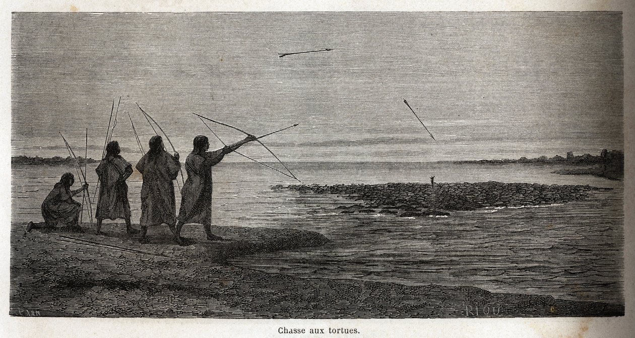 Caccia alla tartaruga tra gli indiani Conibos del Perù. Disegno di Riou per illustrare il viaggio dal 1848 al 1860 di P. Marcoy dall