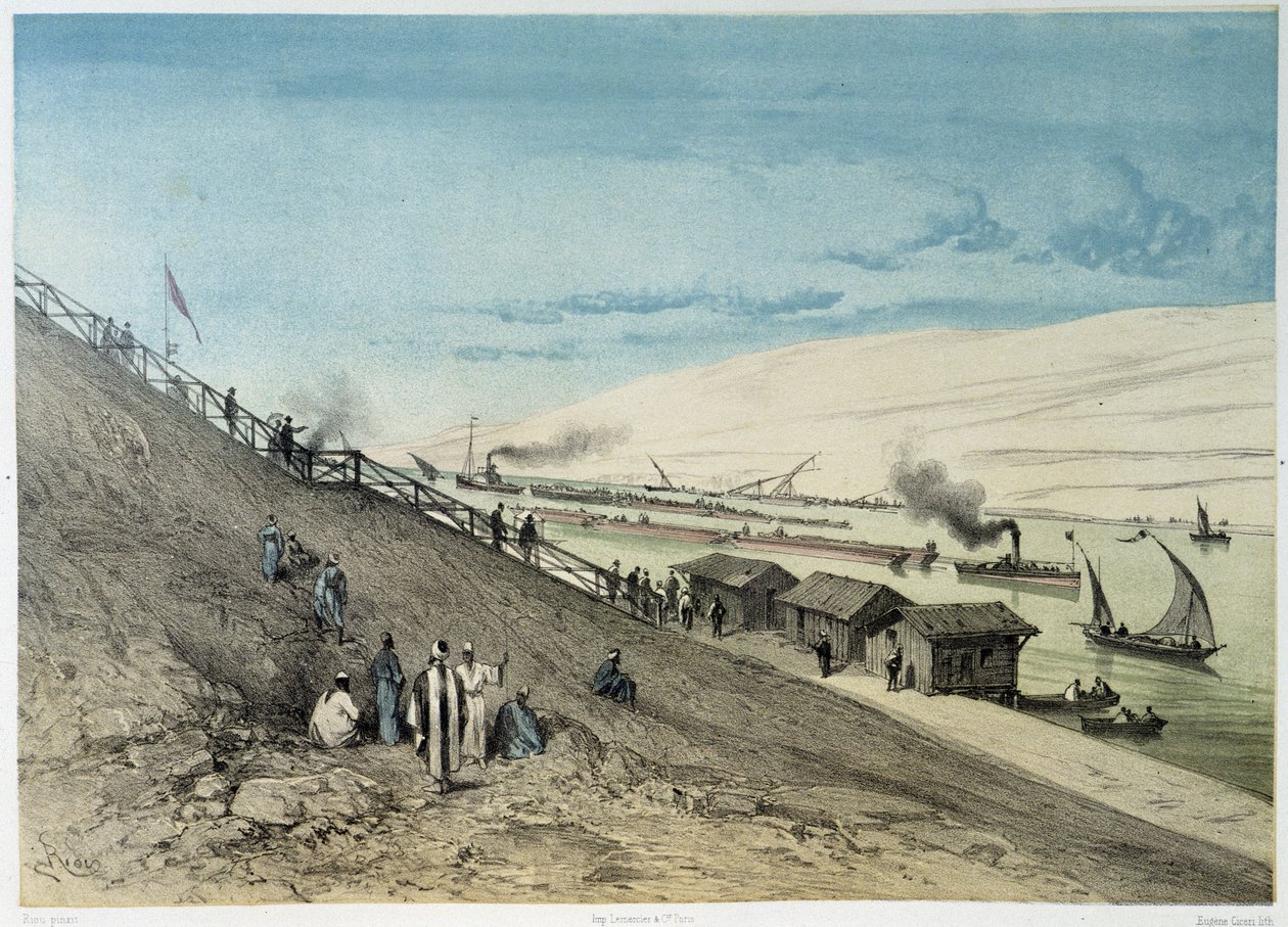 Veduta del canale in "Inaugurazione del Canale di Suez" di G. Nicole. 1869 da Edouard Riou
