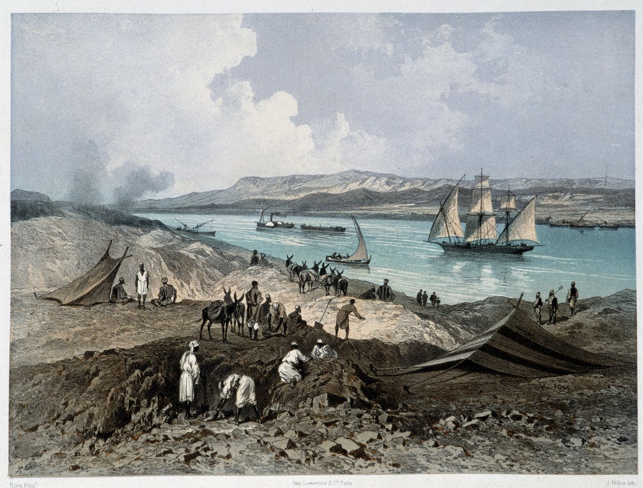 Veduta del canale in "Inaugurazione del Canale di Suez" di G. Nicole. 1869 da Edouard Riou