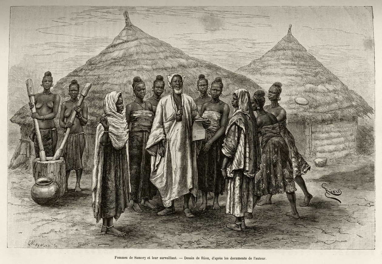 Donne di Samory Toure (circa 1835-1898) capo guerriero della curva del Niger e il loro supervisore, Sonninke, che sa leggere e scrivere in arabo (incisione) da Edouard Riou
