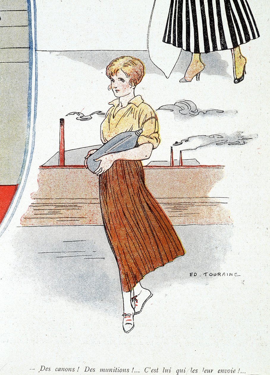 Donna che fabbrica munizioni per la guerra 1914-1918. “Camion! munizioni! Li manda!” In “Baionetta”, del 25/11/1915 (incisione) da Edouard Touraine
