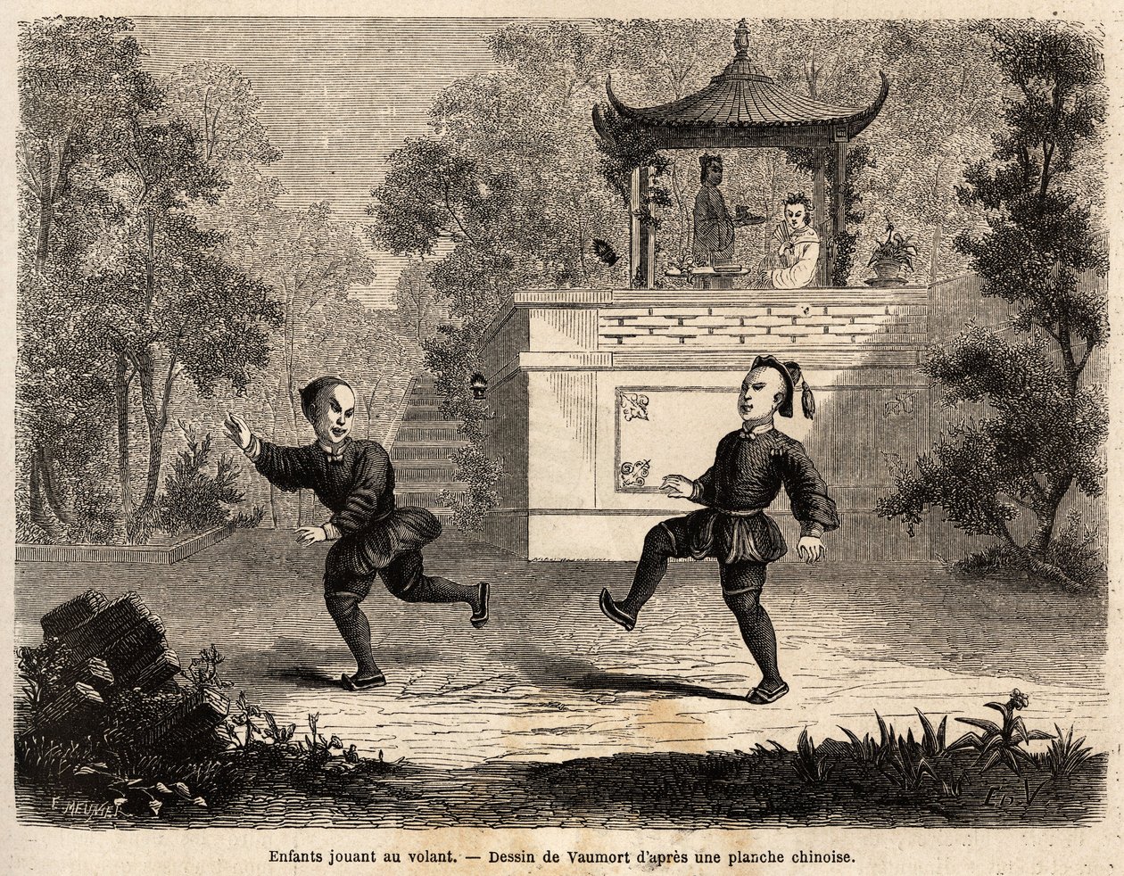 Bambini cinesi che giocano alla ruota (palla di cuoio, anelli di metallo pesante e 3 lunghe piume impiantate), sotto la supervisione della loro madre. Disegno di Vaumort per illustrare il viaggio da Shanghai a Mosca dal 1859 al 1862 di M. de Bourboulon, m da Edouard Vaumort