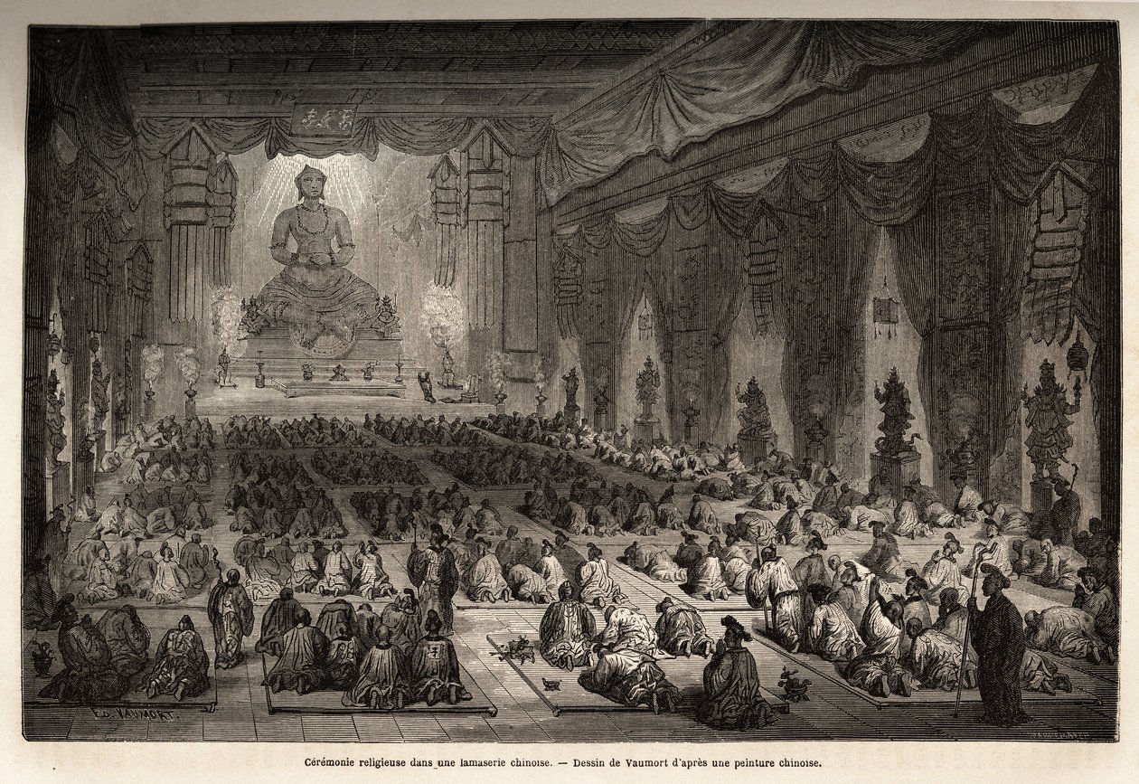 Cerimonia religiosa in una lamasseria cinese, disegno di Vaumort, per illustrare il viaggio da Shanghai a Mosca, dal 1859 al 1862, di M. de Bourboulon, ministro francese in Cina. Incisione in "Le tour du monde", a cura di Edouard Charton. da Edouard Vaumort