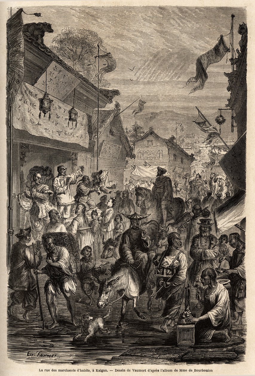 La strada dei commercianti di abbigliamento, Kalgan, Mongolia. Disegno di Vaumort, per illustrare il viaggio da Shanghai a Mosca, dal 1859 al 1862, di M. de Bourboulon, ministro francese in Cina. Incisione in "Le tour du monde" da Edouard Vaumort
