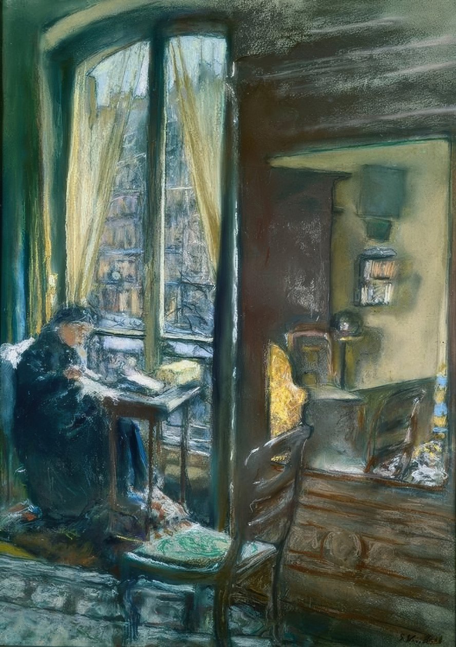 Madame Vuillard cuce alla finestra, rue de Calais da Edouard Vuillard