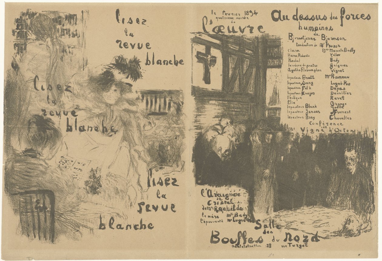 Copertina del programma con pubblicità per La Revue Blanche e annuncio della commedia Au-dessus des forces humaines da Edouard Vuillard