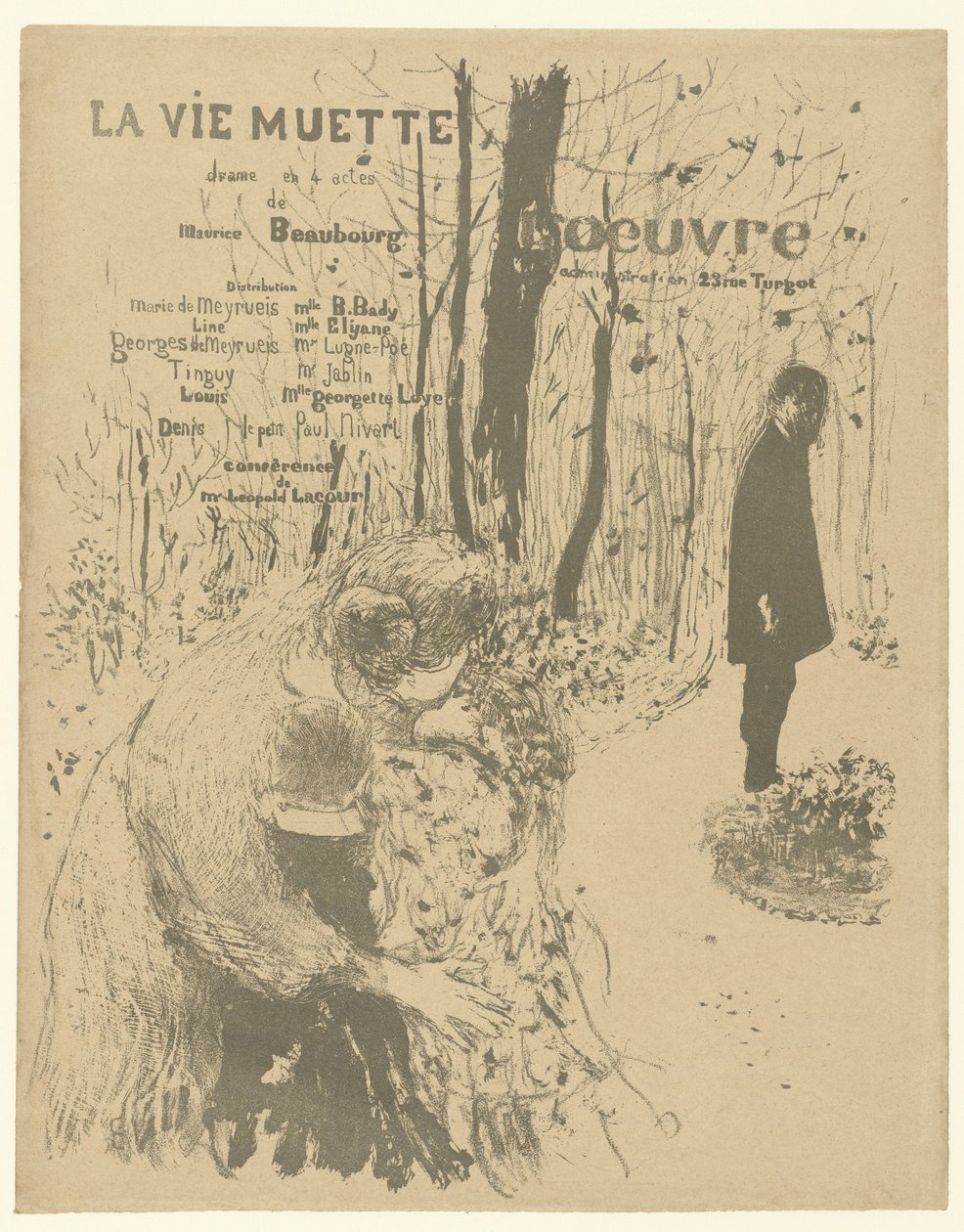 Copertina per programma teatrale con donna con due bambini e uomo nel parco per lo spettacolo La vie muette da Edouard Vuillard