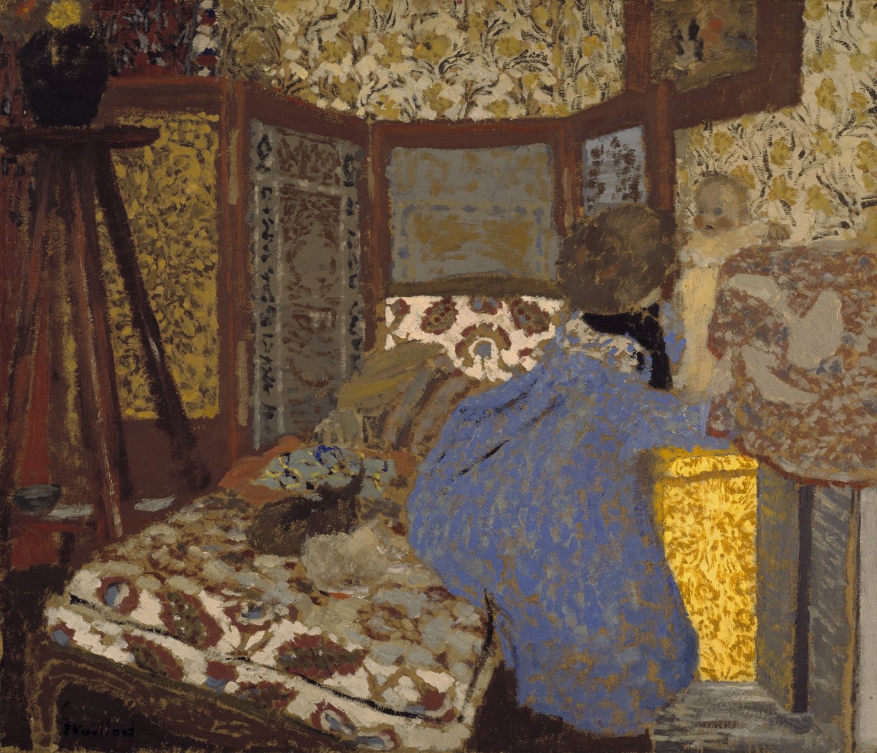 Donna in blu con bambino, 1899 circa (olio su cartone) da Edouard Vuillard