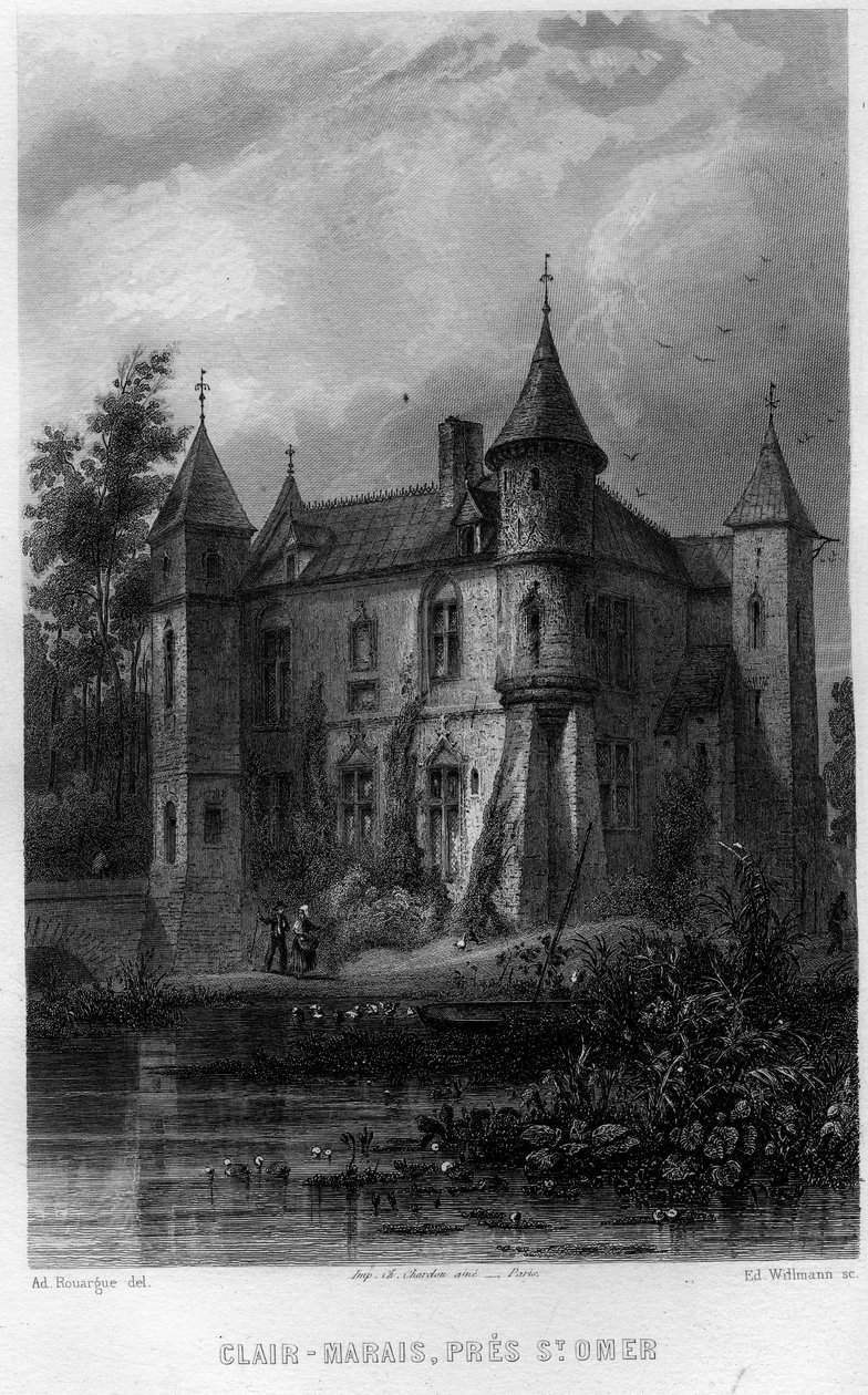 Palude di Clair (Clair-Marais o Clairmarais) vicino a Saint Omer (Saint Omer), Pas-de-Calais, regione Nord-Pas-de-Calais (Nord Pas de Calais), Francia. Incisione di Willmann in "La France ancienne et moderne" di Jean-Bernard Mary-Lafon da Edouard Willmann