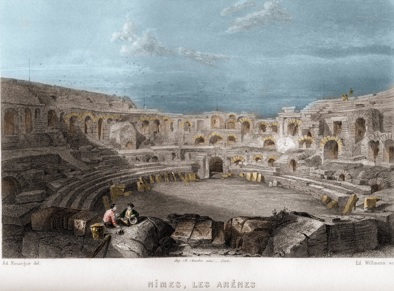 Le arene di Nîmes, Gard, Linguadoca-Rossiglione, Francia. Incisione di Willmann in 