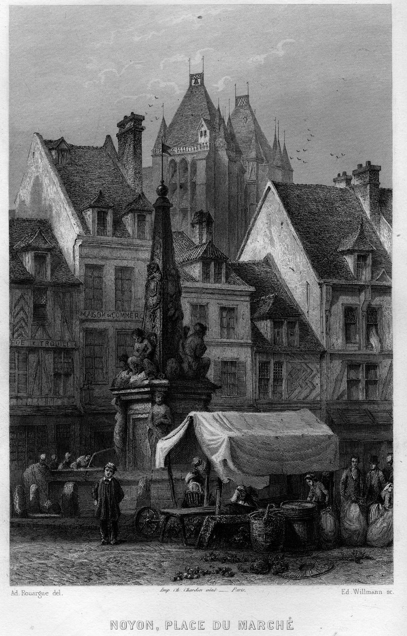 Piazza del mercato della città di Noyon, Oise, Piccardia, Francia. Incisione di Willmann in 