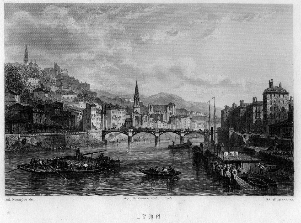 Vista della città di Lione, dipartimento del Rodano, regione Rodano-Alpi, Francia. Incisione di Willmann in 