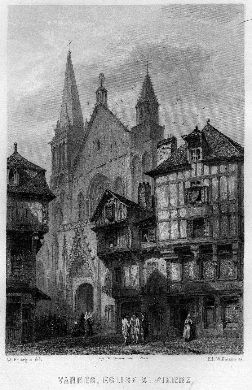 Veduta della città di Vannes e della Chiesa di San Pietro, Morbihan, Bretagna, Francia. Incisione di Willmann in "La Francia antica e moderna" di Jean-Bernard Mary-Lafon da Edouard Willmann