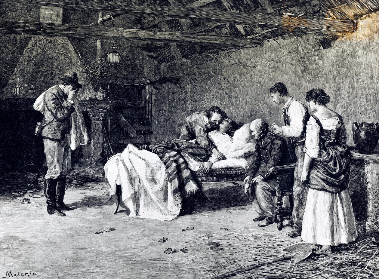 Morte di Anita Garibaldi nella fattoria del Marchese Guiccioli (illustrazione) da Edouardo Matania