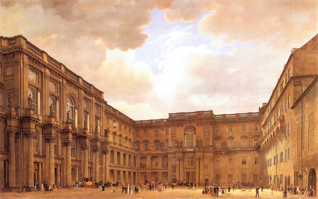 Tedesco: Schlüterhof im Berliner Schloss
Russo: Schlüterhof im Berliner Schloss da Eduard Gaertner