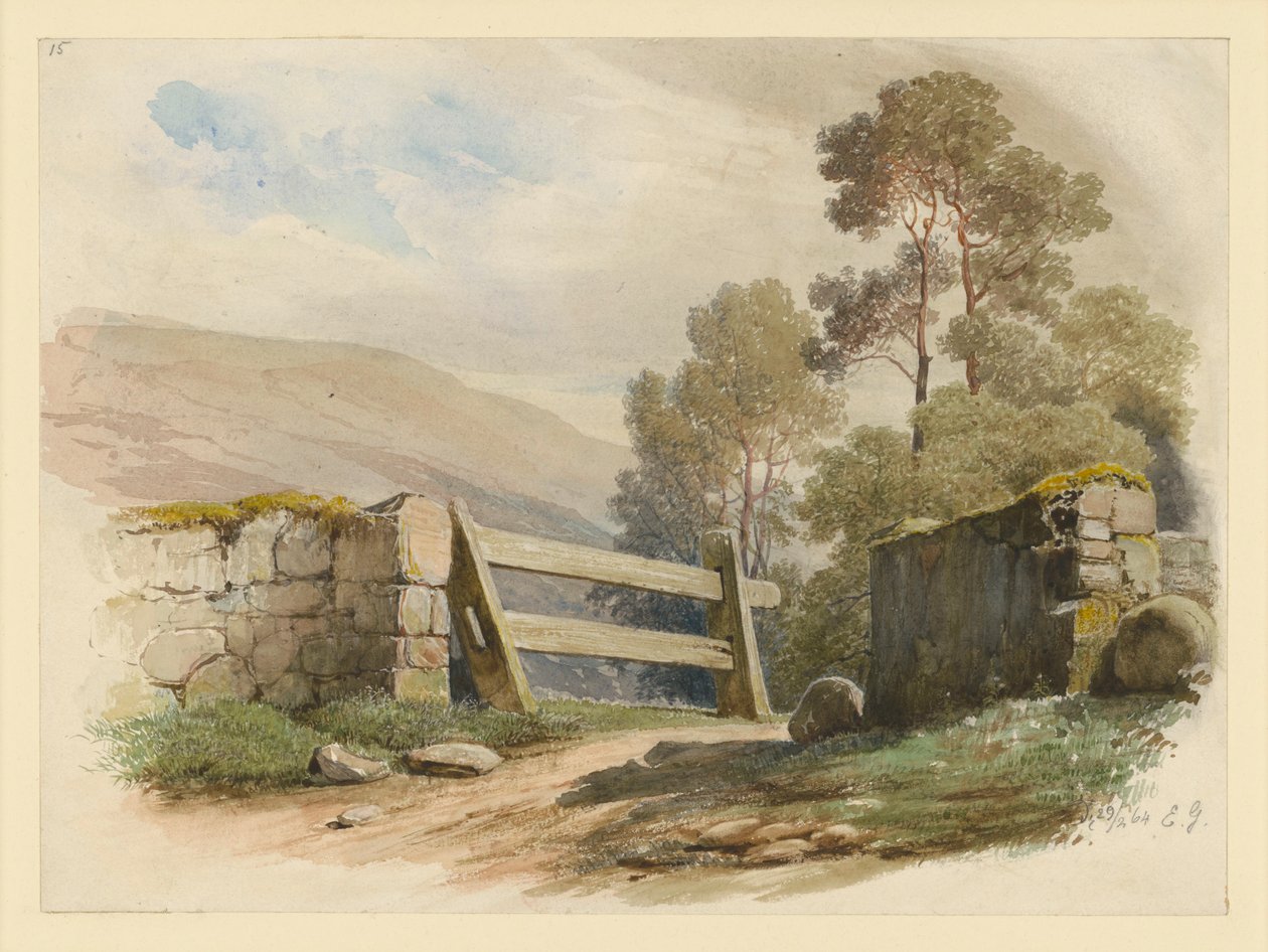 Paesaggio con muro di pietra e cancello da Eduard Gaertner