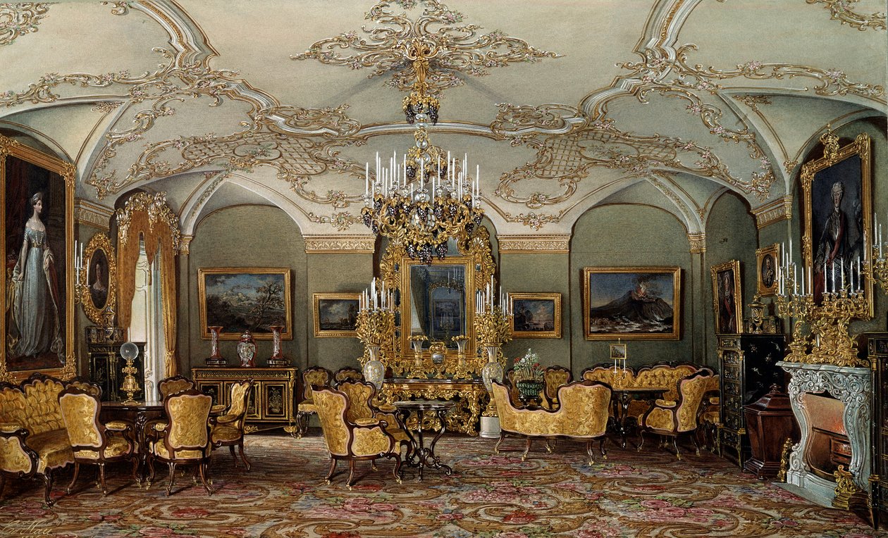 Veduta del salone di Alexandra Fyodorovna (Charlotte di Prussia (1798-1860)), moglie dello zar Nicola I al Palazzo di Gatchina da Eduard Hau