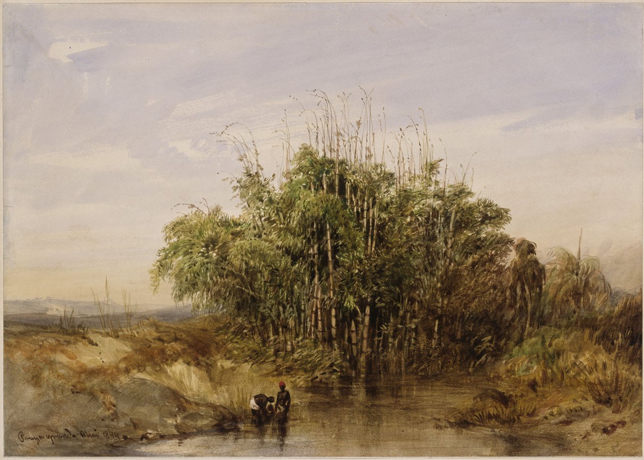 Cespugli di bambù in riva all’acqua, con figure in primo piano da Eduard Hildebrandt