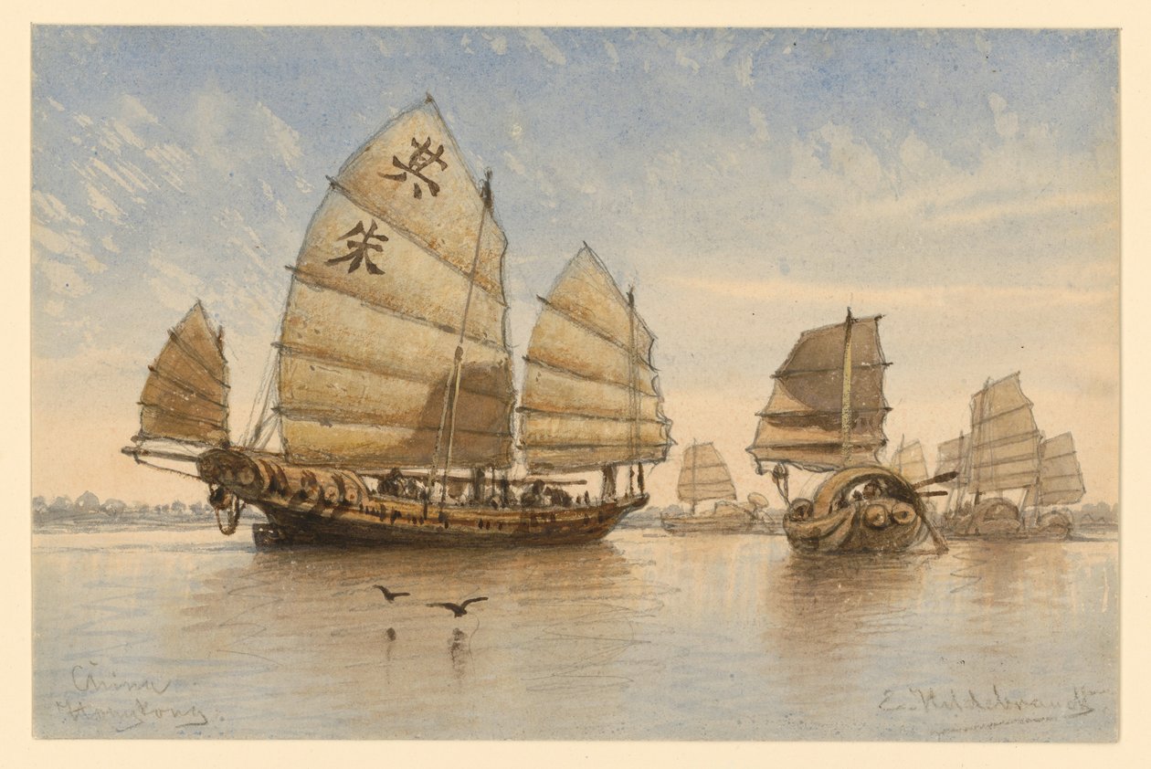 Giunche al largo di Hong Kong da Eduard Hildebrandt
