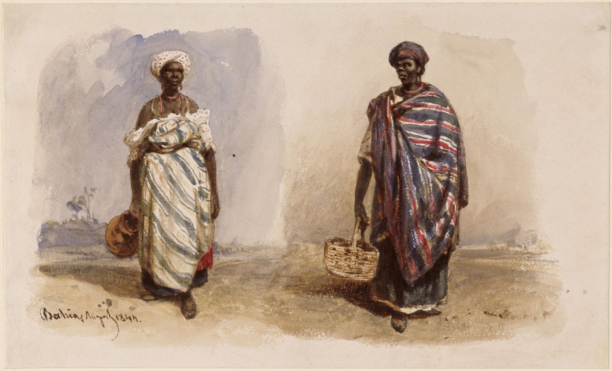 Due donne afro-brasiliane con scialli sulle spalle, una con una brocca d’acqua, l’altra con un cesto da Eduard Hildebrandt