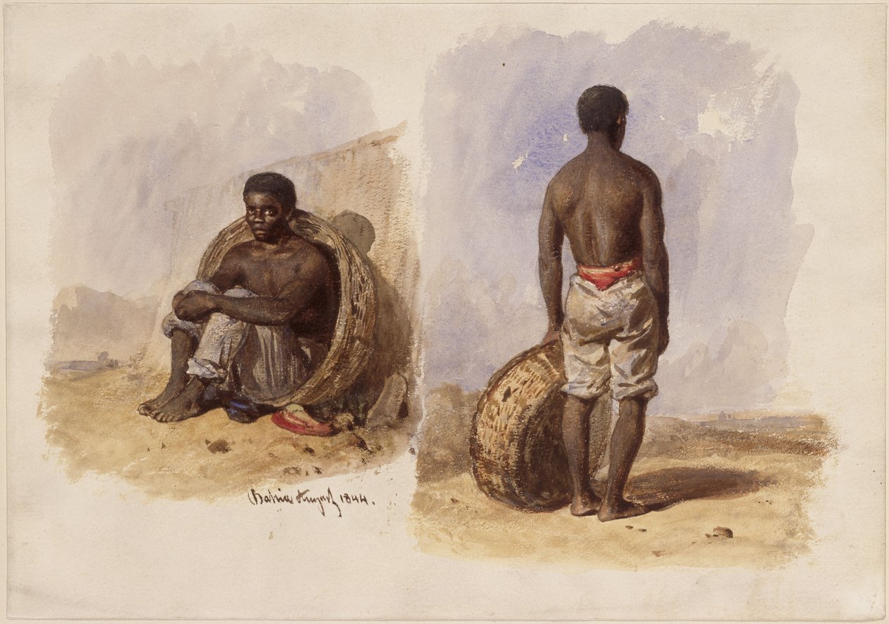 Due studi raffiguranti un afro-brasiliano; a sinistra seduto in un cesto appoggiato al muro, a destra in piedi di spalle da Eduard Hildebrandt