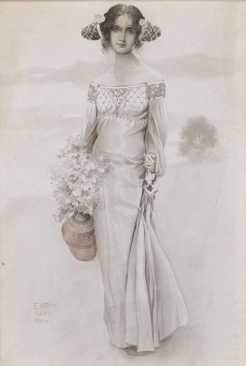 Una ragazza con una brocca e un bouquet di fiori, 1914 da Eduard Veith