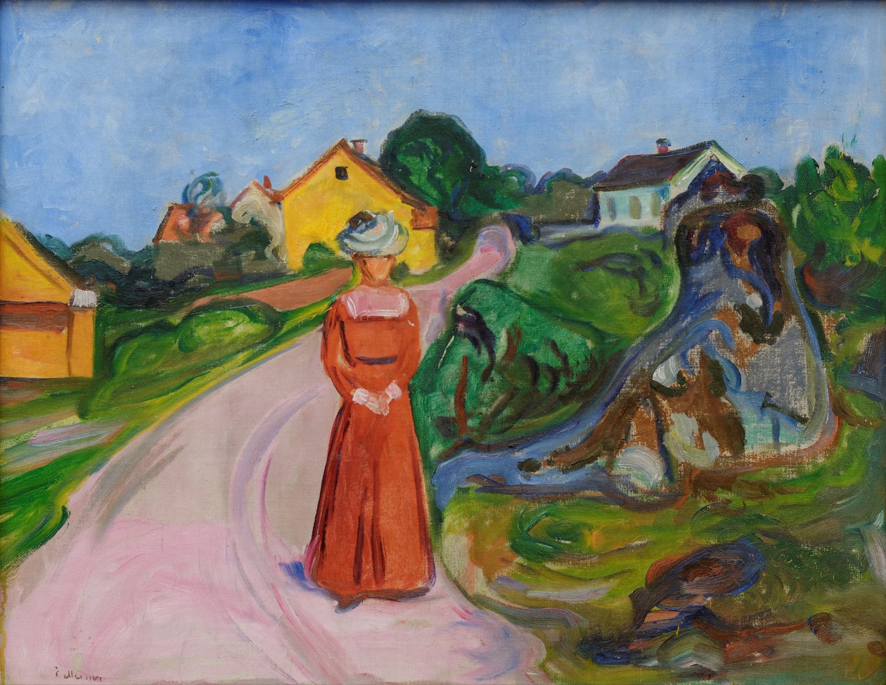 Strada ad Åsgårdstrand e donna in abito rosso da Edvard Munch