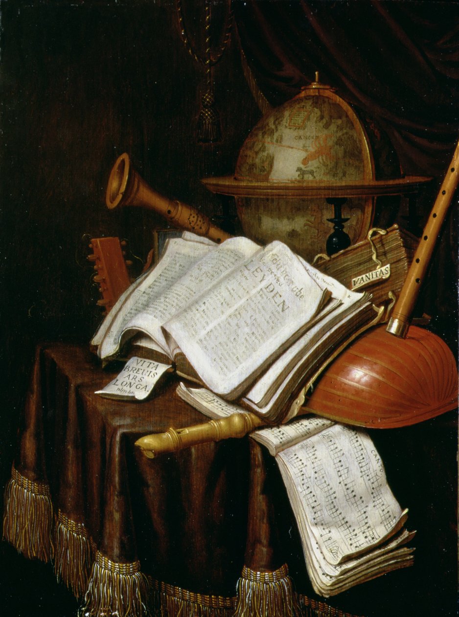 Vanitas con un globo, spartiti musicali e strumenti da Edwaert Colyer or Collier