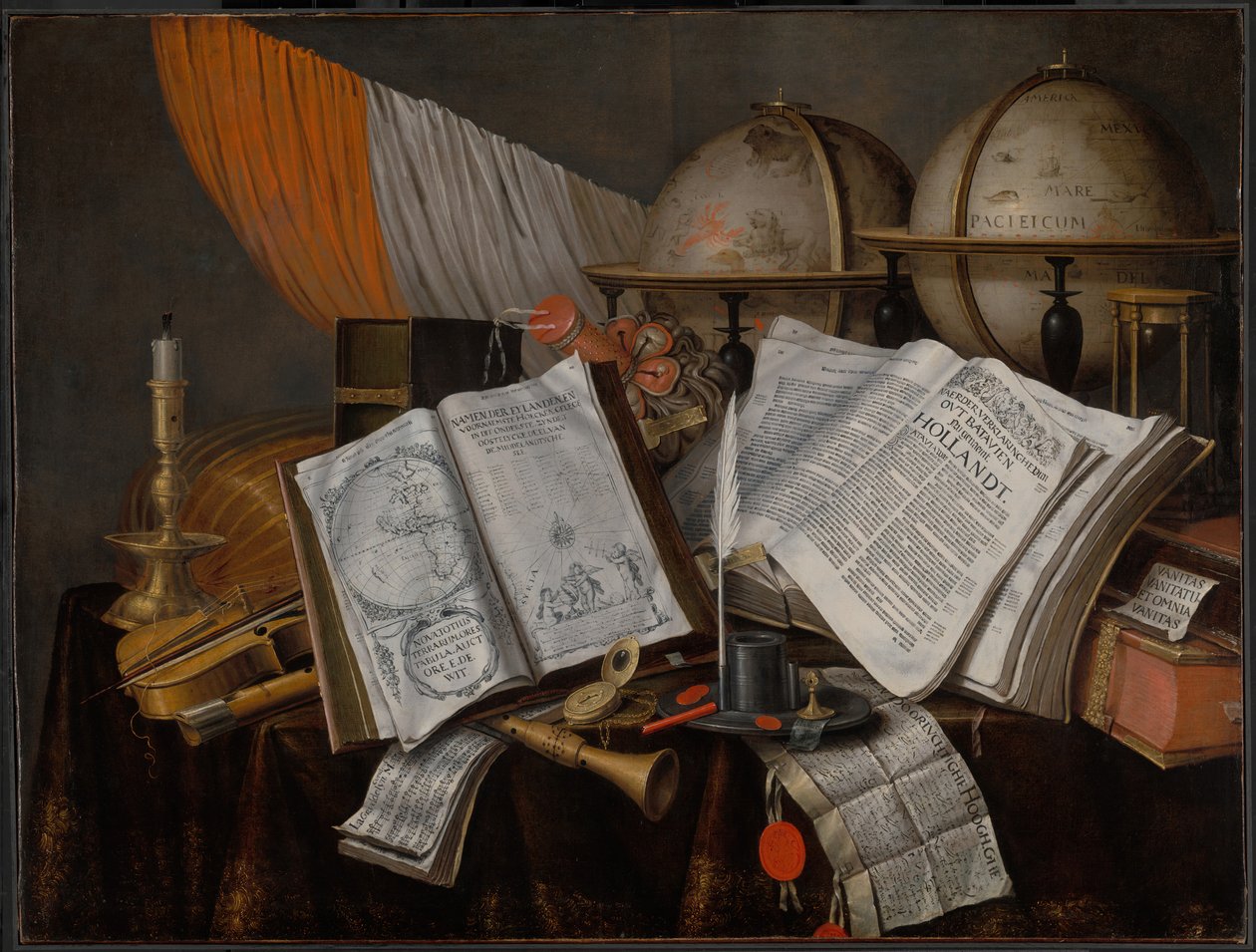 Natura morta vanitas con una bandiera, candeliere, strumenti musicali, libri, articoli di scrittura da Edwaert Collier