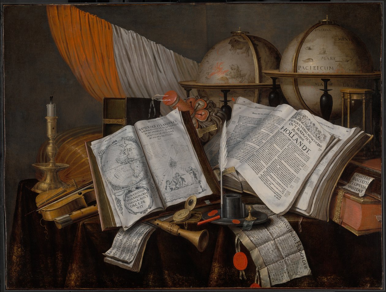 Natura morta vanitas con bandiera, candelabro, strumenti musicali, libri, materiale per scrittura, globi e clessidra da Edwaert Collier