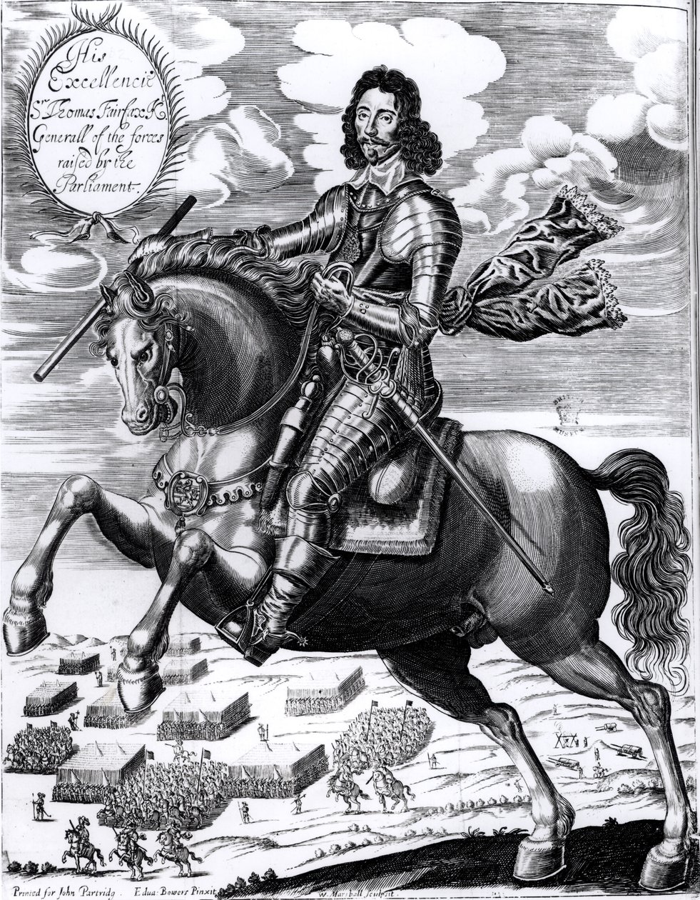 Ritratto equestre di Sua Eccellenza Sir Thomas Fairfax (1617-71) 3º barone, inciso da William Marshall da Edward Bower