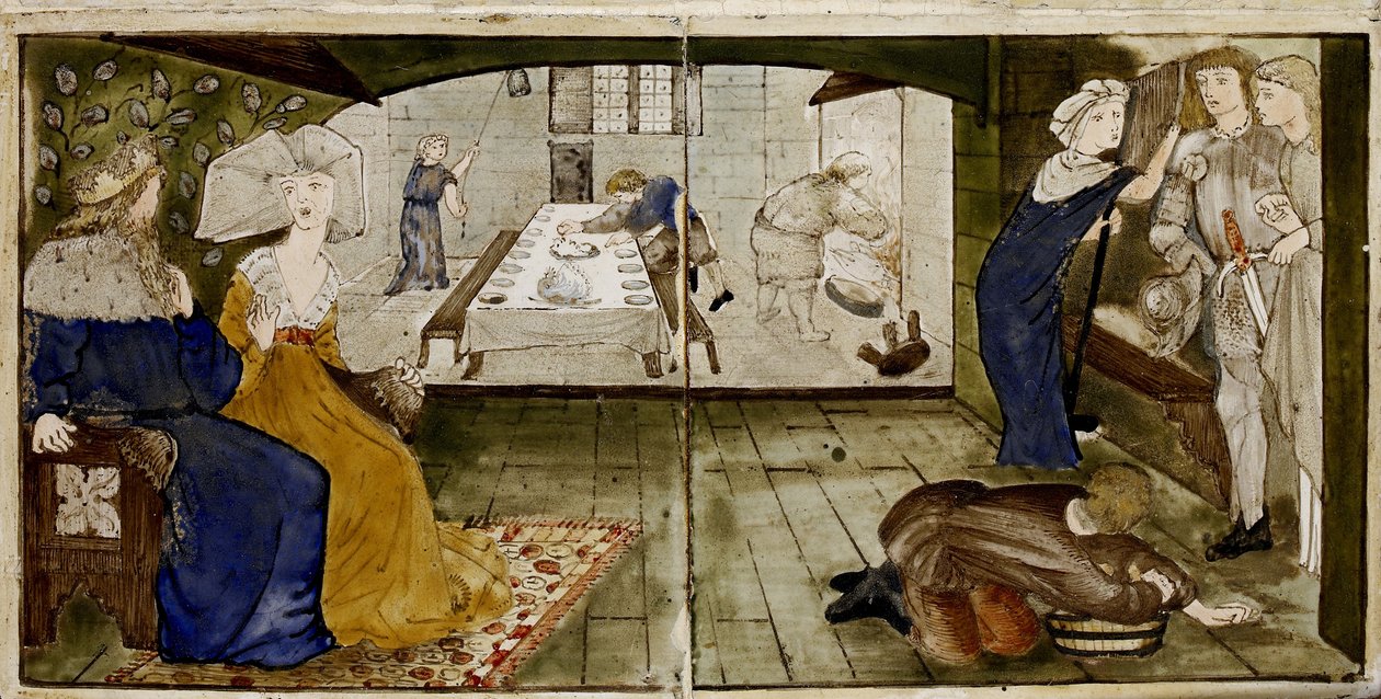 Un set di sedici piastrelle disposte in coppie per formare otto illustrazioni della storia di 
