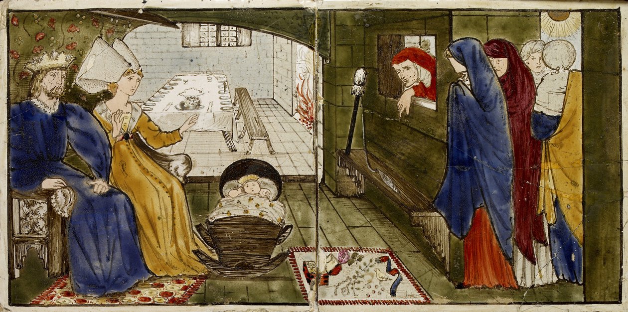Un set di sedici piastrelle disposte in coppie per formare otto illustrazioni della fiaba 
