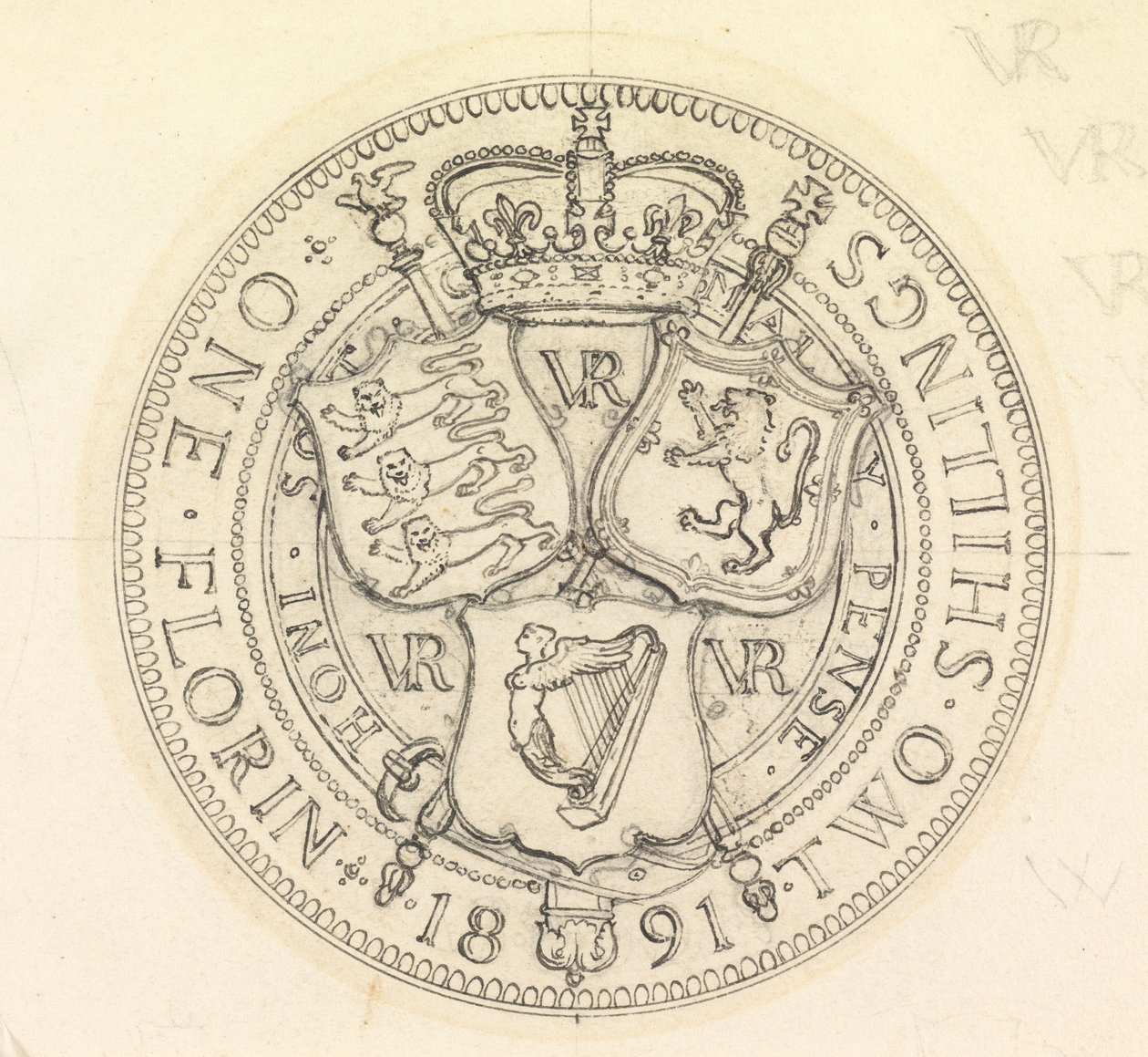 Due schizzi di design per il Fiorino e lo Scellino da Edward John Poynter
