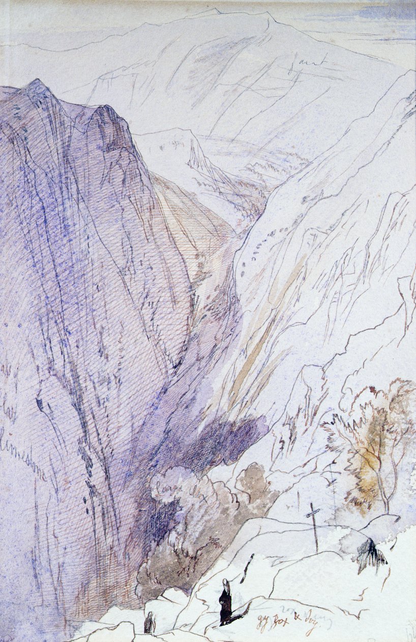 Athos con monaci in primo piano, 1856 da Edward Lear