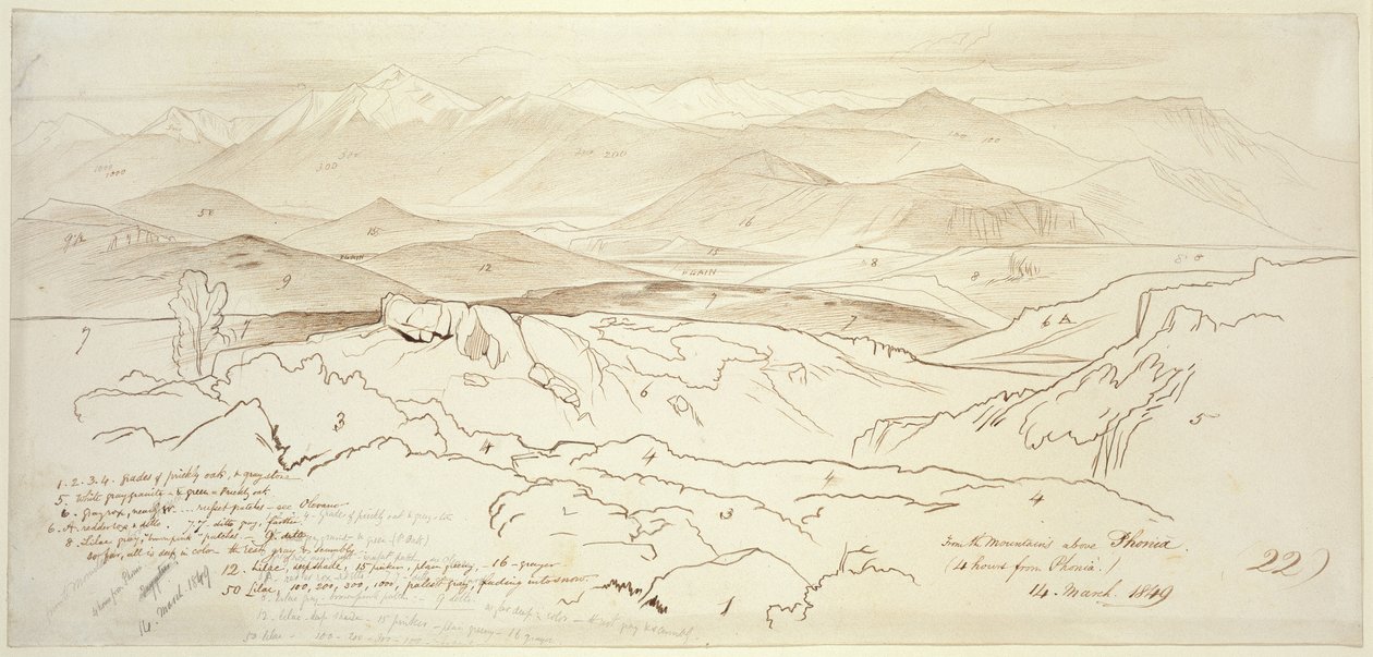 Vista dalle montagne sopra Phonia, 1849 (penna e inchiostro marrone con grafite su carta bianca) da Edward Lear