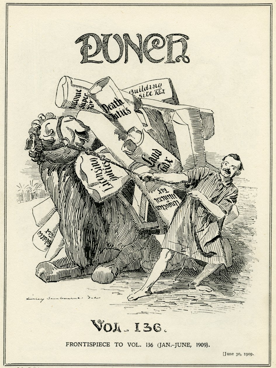 John Bull, raffigurato come un cammello, è riluttante a portare i nuovi oneri fiscali imposti da Lloyd George da Edward Linley Sambourne