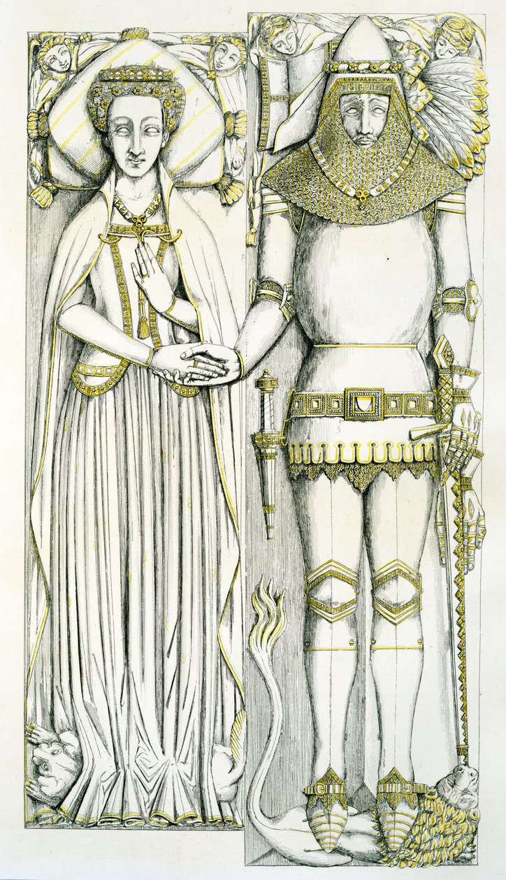 La tomba di Arderne, Chiesa di San Pietro, Elford, Staffordshire, Inghilterra, 1848-9 (incisione colorata a mano) da Edward M. Richardson
