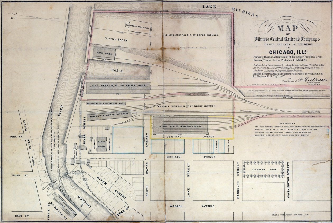 Mappa dei terreni e degli edifici del deposito della Illinois Central Railroad Company a Chicago, 1855 da Edward Mendel