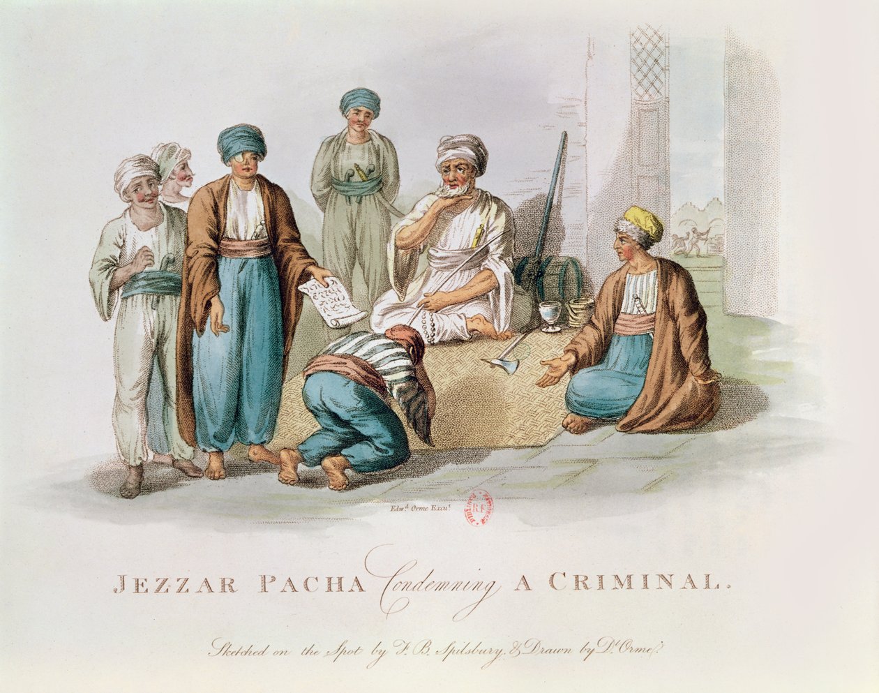 Jezzar Pacha che condanna un criminale (incisione a colori) da Edward Orme