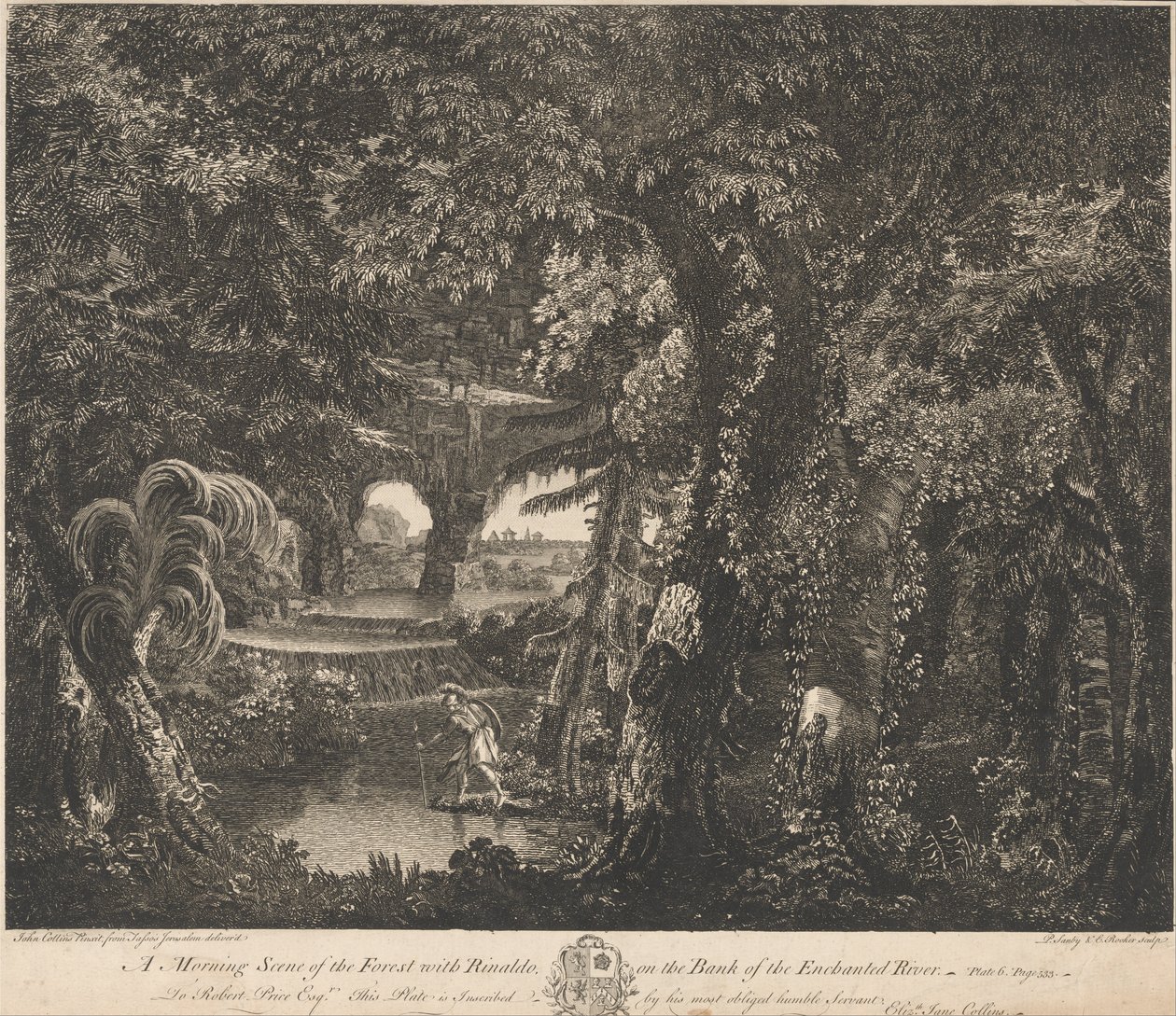 Una scena mattutina della foresta con Rinaldo sulla riva del fiume incantato da Edward Rooker