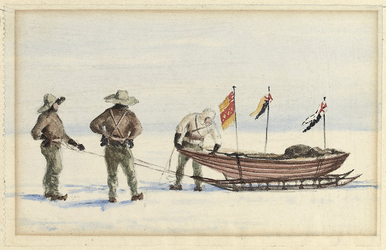 La spedizione in slitta verso White Island, febbraio 1902: Shackleton, Wilson e Ferrar si preparano a partire, 1902 da Edward Adrian Wilson