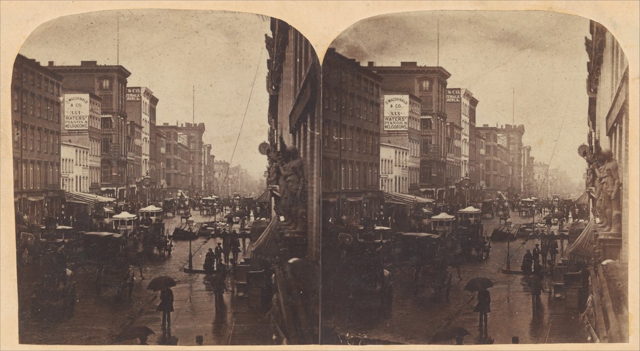 Broadway sotto la pioggia, probabilmente presa dal 308 o 310 Broadway, New York City, ca. 1860s da Edward Anthony
