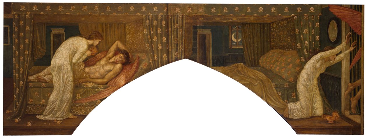 Cupido e Psiche - Murales di Palace Green - Psiche con la lampada guarda il volto di Cupido dormiente e Psiche abbandonata, 1881 da Edward Burne Jones
